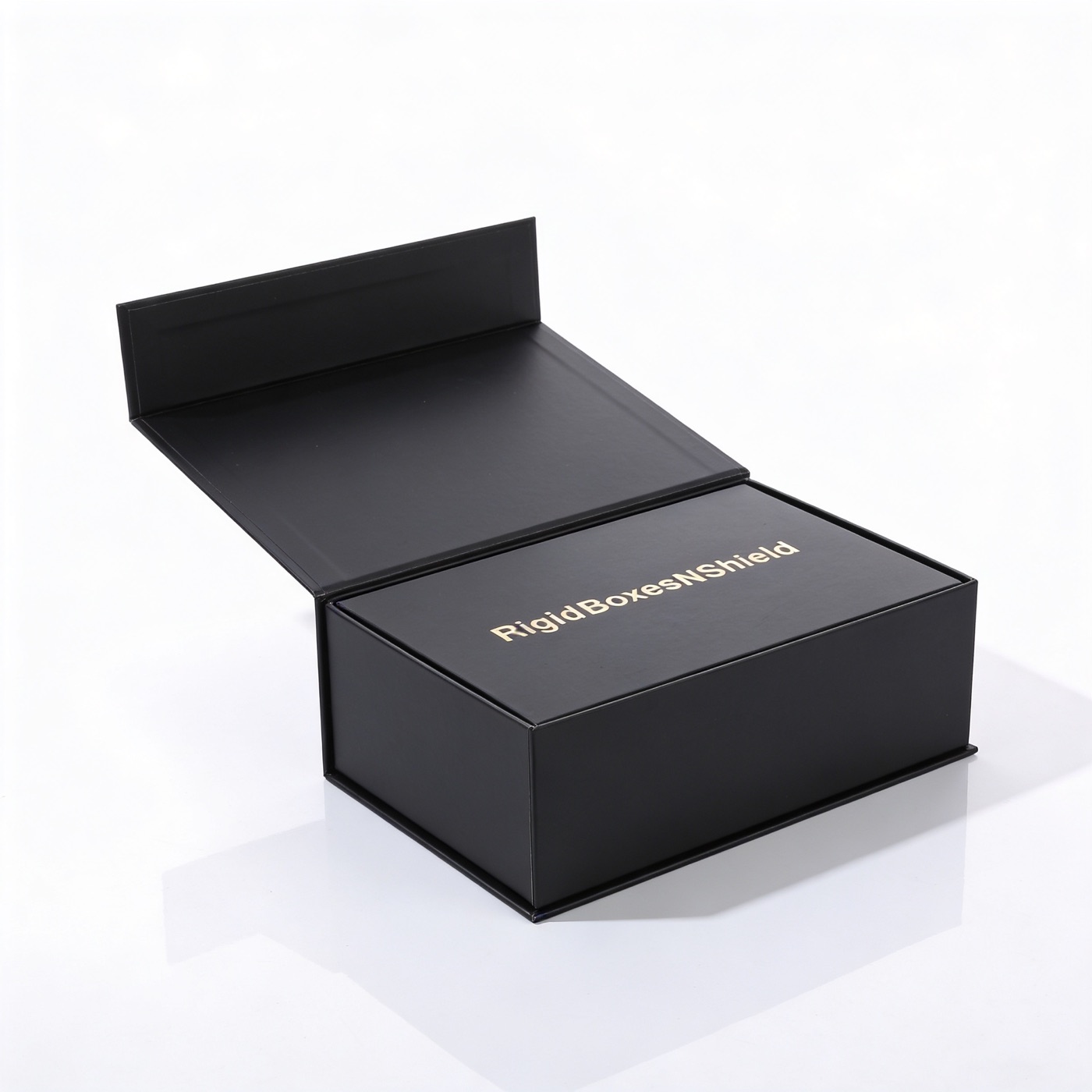 Custom black magnetic rigid box with gold foil branding